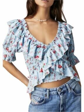 Free People Light Blue Floral Ruffle Smocked Blouse L